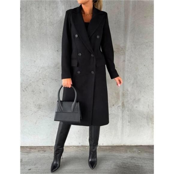 Womens Long Wool Coat Double Breasted Trench Coat Black - Picture 3 of 3